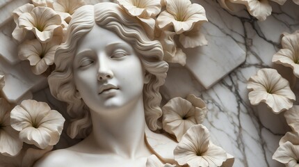 petunia flowers background of beautiful woman marble sculpture statue art