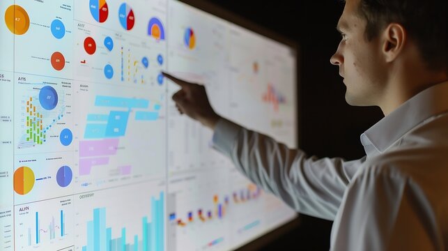 Businessman analyzing a business analytics BA or intelligence BI dashboard on virtual screen showing sales and operations data statistics charts and key performance indicators KPI : Generative AI