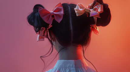 Naklejka premium hairstyle of asian woman adorned with pink and rose gold bows against a vivid gradiant background