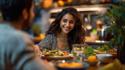 Fototapeta premium young indian couple enjoying meal at kitchen