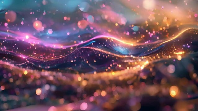 An abstract landscape of vibrant colors and shapes representing the multidimensional nature of quantum spacetime fabric.