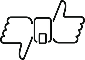 Black and white line drawing of a thumbs up and thumbs down symbol, representing like and dislike