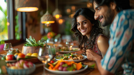 young indian couple enjoying meal at kitchen
