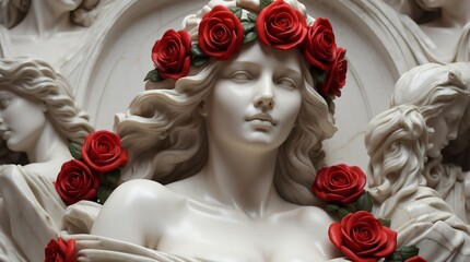 red roses crown wreath of beautiful woman marble sculpture statue art