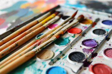 Watercolor paints and brushes, closeup