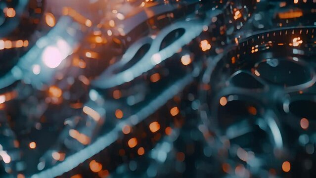 An abstract artwork featuring intertwining film reels and blockchain symbols symbolizing the merging of traditional filmmaking with modern technology.