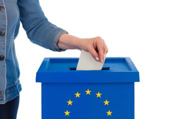 Young woman voting for european elections 2024, EUEurope blue ballot box isolated on transparent background, png file