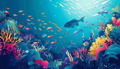The ocean and underwater world with different inhabitants. Marine Life Landscape. Sea world