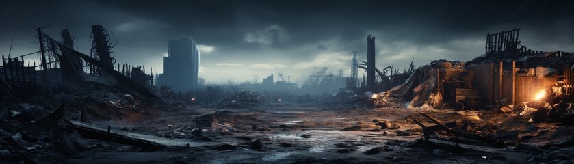 Fototapeta premium A postapocalyptic scene with a wornout recycling bin, surrounded by debris, dark tones, dystopian atmosphere, high detail 8K , high-resolution, ultra HD,up32K HD