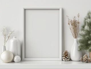 Mockup of a blank white picture frame on a shelf with decorative items