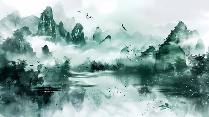 Green and white Chinese style ink landscape poster background