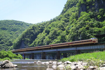 雄大な井倉峡を背景に最後の活躍を見せる381系特急やくも_2024/5/17撮影