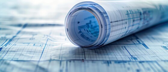 Close-up of a rolled-up construction blueprint, detailed paper texture, natural lighting, eye-level angle, sharp focus, prepared for review
