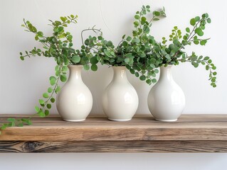 Mockup of blank white ceramic vases on a wooden shelf with greenery