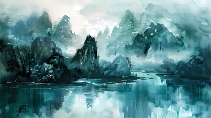 Green and white Chinese style ink landscape poster background