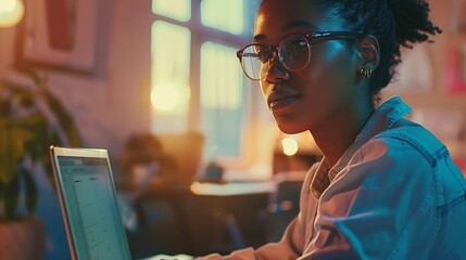 Shes always happy to be in the office Portrait of a young focussed female designer working on her laptop and digital tablet at the office during the day : Generative AI