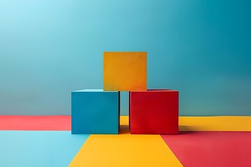 Three cubes of different colors are stacked on top of each other. The cubes are blue, red, and yellow. The image has a playful and colorful mood