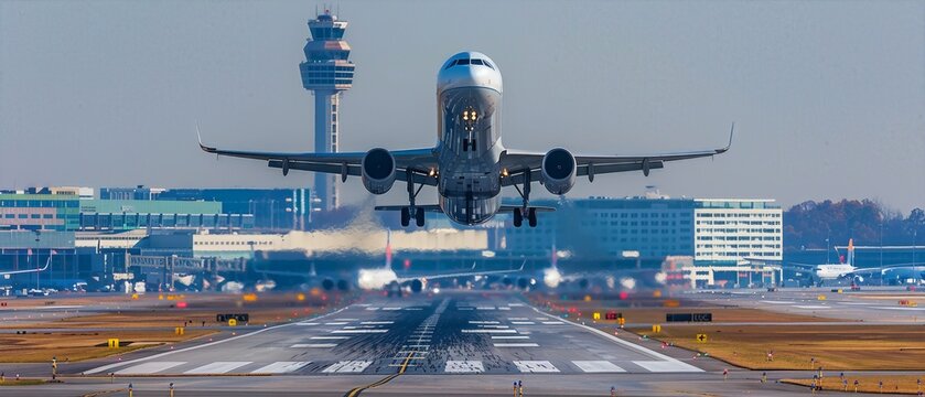 Commercial airplane taking off from runway at international airport with control tower in background on a clear day.