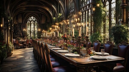 An elegant and grand medieval-style banquet hall, adorned with a richly decorated dining table and lighting