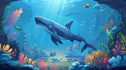Underwater landscape. fish, algae and coral reefs are beautiful and colorful. background with sea vegetation and animals