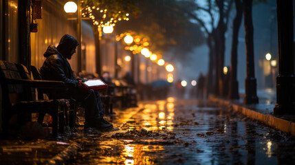 A solitary figure sits on a bench on a wet street at night, illuminated by street lamps