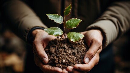 Close-up of hands gently holding a young plant with soil, representing growth and care for the environment