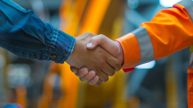 Two engineer shaking hands with deals and congratulations on success panorama image use for cover design : Generative AI
