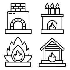 Set of fireplace line icon, outline black vector on white background