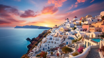 The iconic view of the white Cycladic houses of Santorini cascading down towards the Aegean Sea...