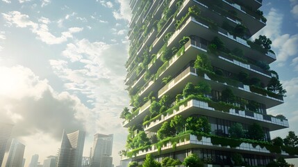 Obraz premium Urban Sustainability: High-rise Building Integrates Vertical Farming and Lush Green Balconies