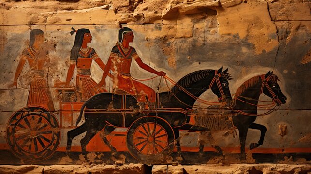 A well-preserved ancient Egyptian wall painting depicting a chariot with horses and occupants