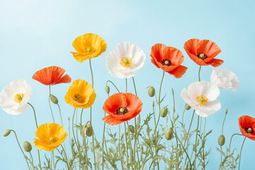Fototapeta premium Colorful Poppy Flowers on a Blue Background