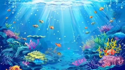 Underwater landscape. fish, algae and coral reefs are beautiful and colorful. background with sea vegetation and animals