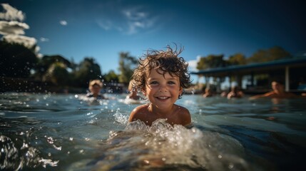 Fototapeta premium A joyful young boy swims underwater in a clear blue pool, his happiness and the ripples of water around him artsy