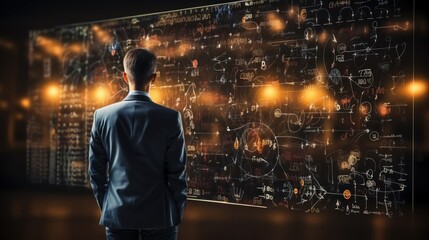 A man in a suit stands before a large screen filled with intricate analytical data and graphs