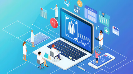 Fototapeta premium Isometric online medical consultation health care vector image