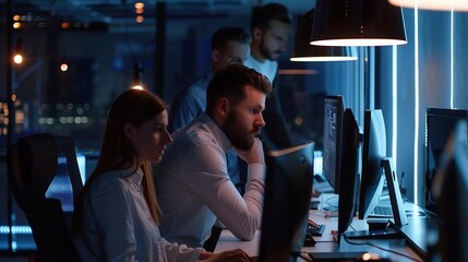 Business professionals Group of young confident business people analyzing data using computer while spending time in the office : Generative AI