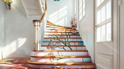 An artistic American-style staircase with custom-painted risers and a wooden handrail, in a bright...
