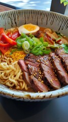 Delicious Vegan Ramen Bowl with Plant-Based Meat Slices and Fresh Vegetables in Ceramic Dish