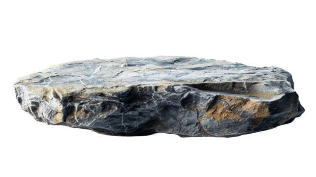 Flat raw stone podium for product display, cut out on transparent png background.