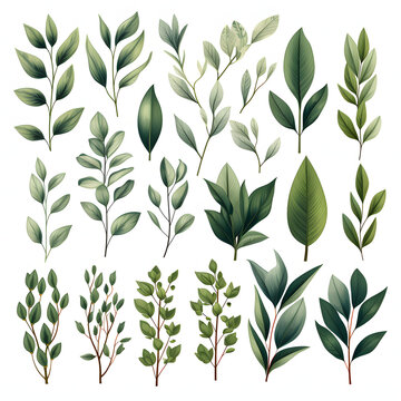 set of Italian ruscus leaves, plants, leaves and flowers. illustrations of beautiful realistic flowers for background, pattern or wedding invitations