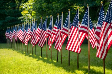 Respectful display of American flags in a green lawn evokes patriotism and unity.