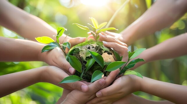 World environment day with global community teamwork a group of volunteers joining hands together concept People join for cooperation success sustainable development goal teamwork and  : Generative AI