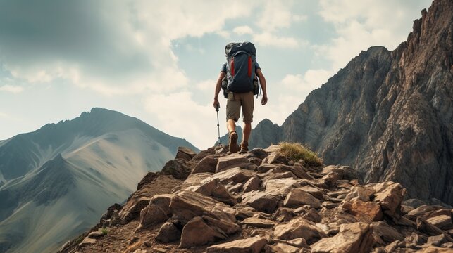 A hiker with a backpack climbing a rocky mountain ridge under a cloudy sky, showcasing adventure, exploration, and outdoor activity.