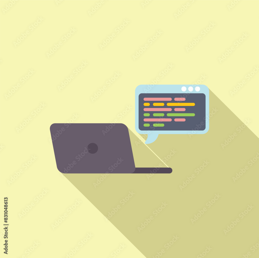 Poster vector illustration of a modern laptop displaying colorful coding script bubbles on a yellow backgro