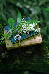 bouquet of Lily of the valley flowers and pentacle amulet with books in forest, natural dark...