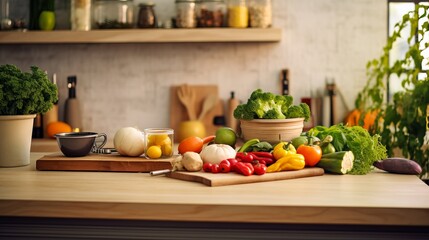 A kitchen countertop with various fresh vegetables and cooking ingredients, perfect for healthy meal preparation, surrounded by a cozy environment.