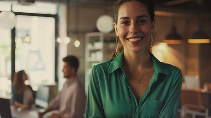 Obraz premium Successful businesswoman standing in creative office and looking at camera Woman entrepreneur in a coworking space smiling Portrait of beautiful business woman standing in front of bus : Generative AI