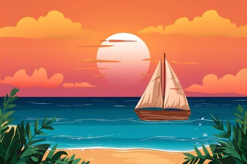 Tranquil tropical beach sunset with sailboat, orange-pink sky, turquoise waters, lush foliage.