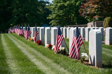 A peaceful cemetery with white gravestones, flags, and flowers evoke remembrance and reverence.
